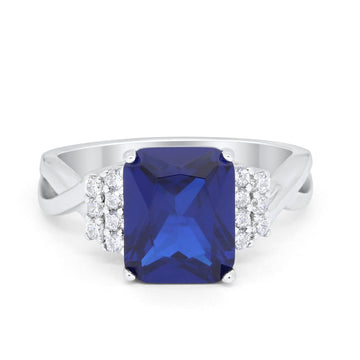 Engagement Ring Emerald Cut Simulated Blue Sapphire CZ 925 Sterling Silver